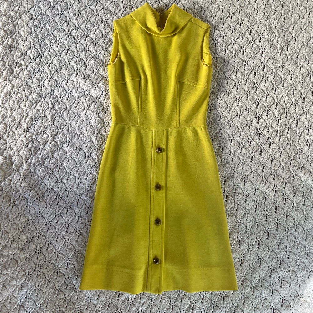 Vintage 1960s Lemon Yellow Knit Sleeveless Dress